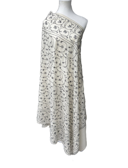 Ivory Kashmiri Pashmina shawl with black Sozni embroidery floral luxury wrap NZ