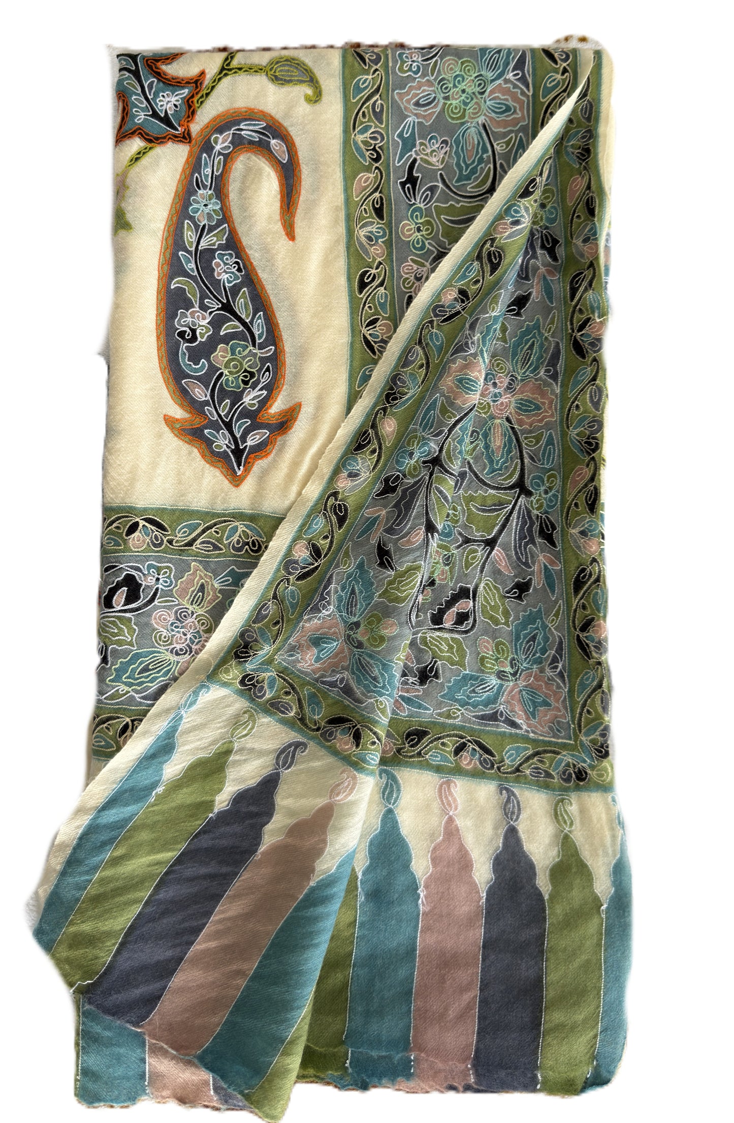 Designer pashmina shawl ivory with blue green paisley pattern elegant wrap