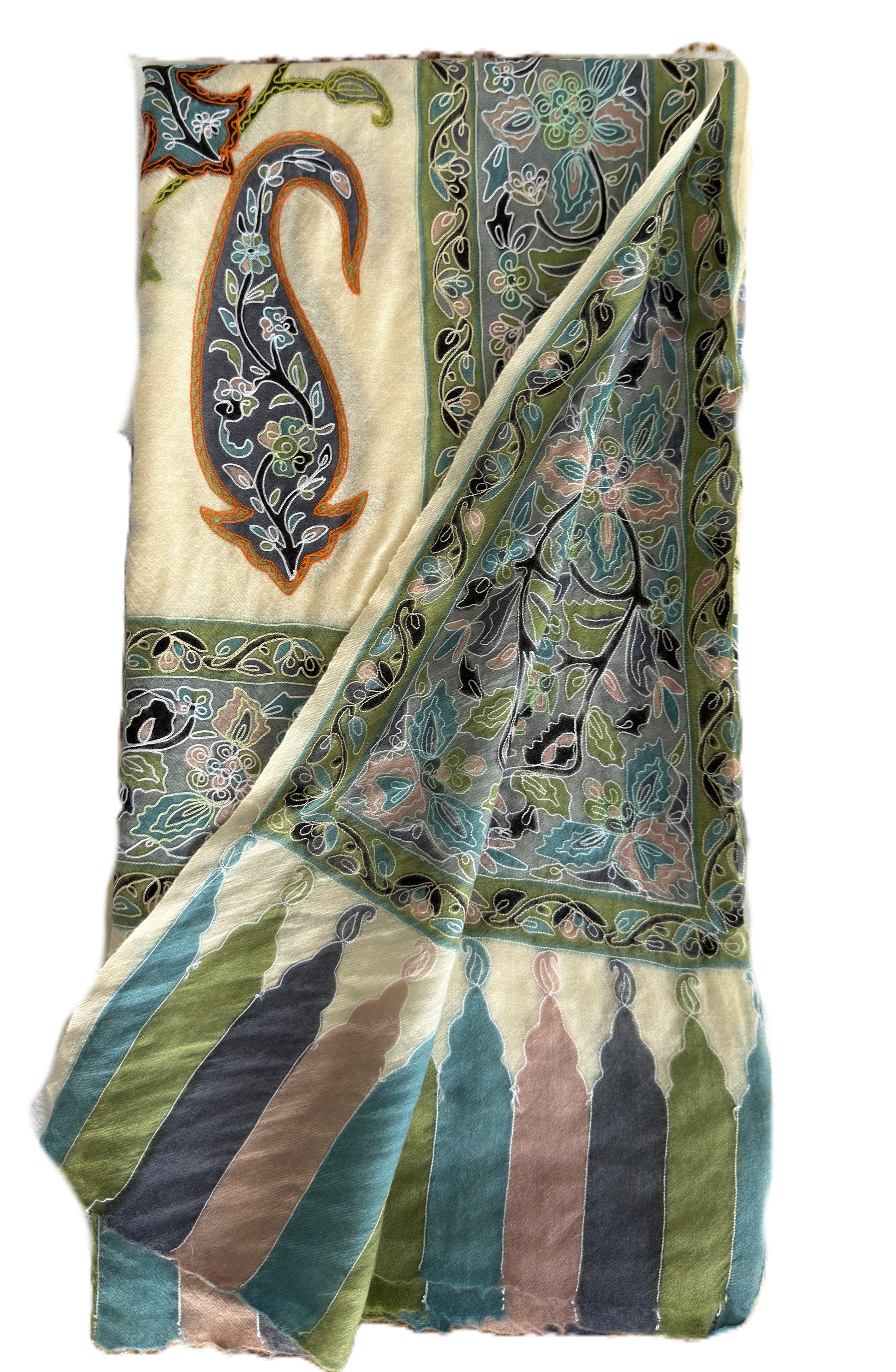 Designer pashmina shawl ivory with blue green paisley pattern elegant wrap