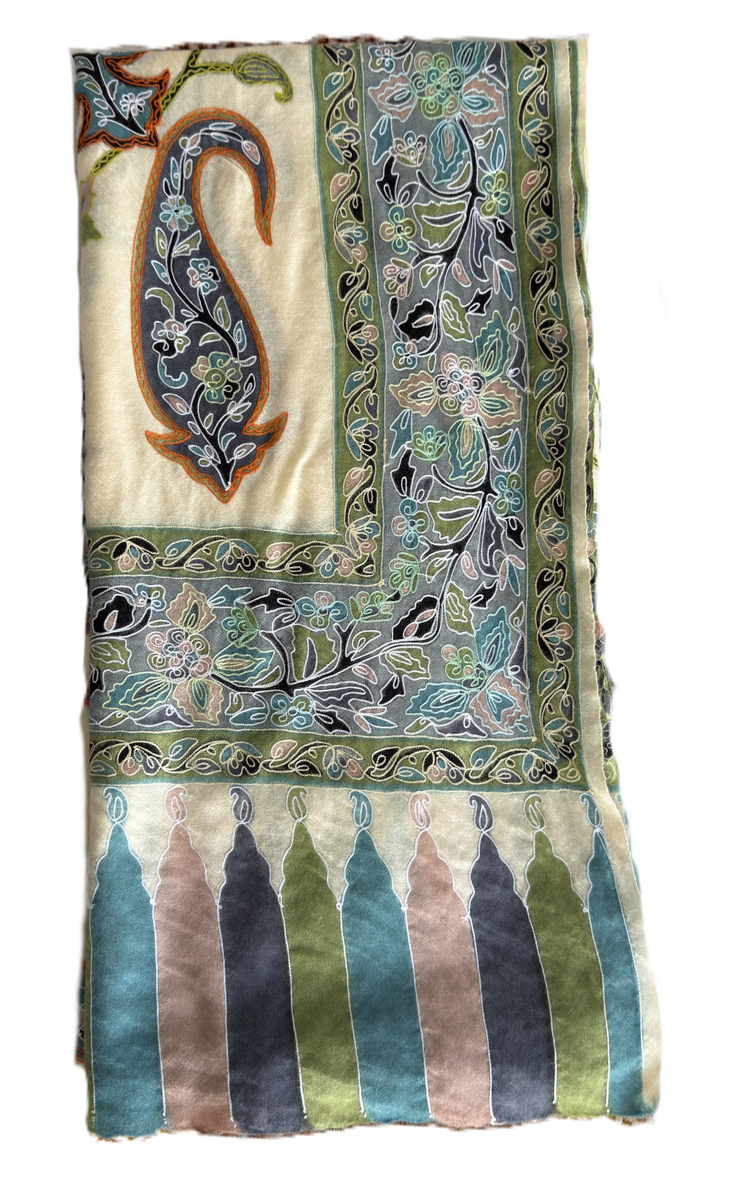 Soft lightweight pashmina shawl with floral vines and heritage border design