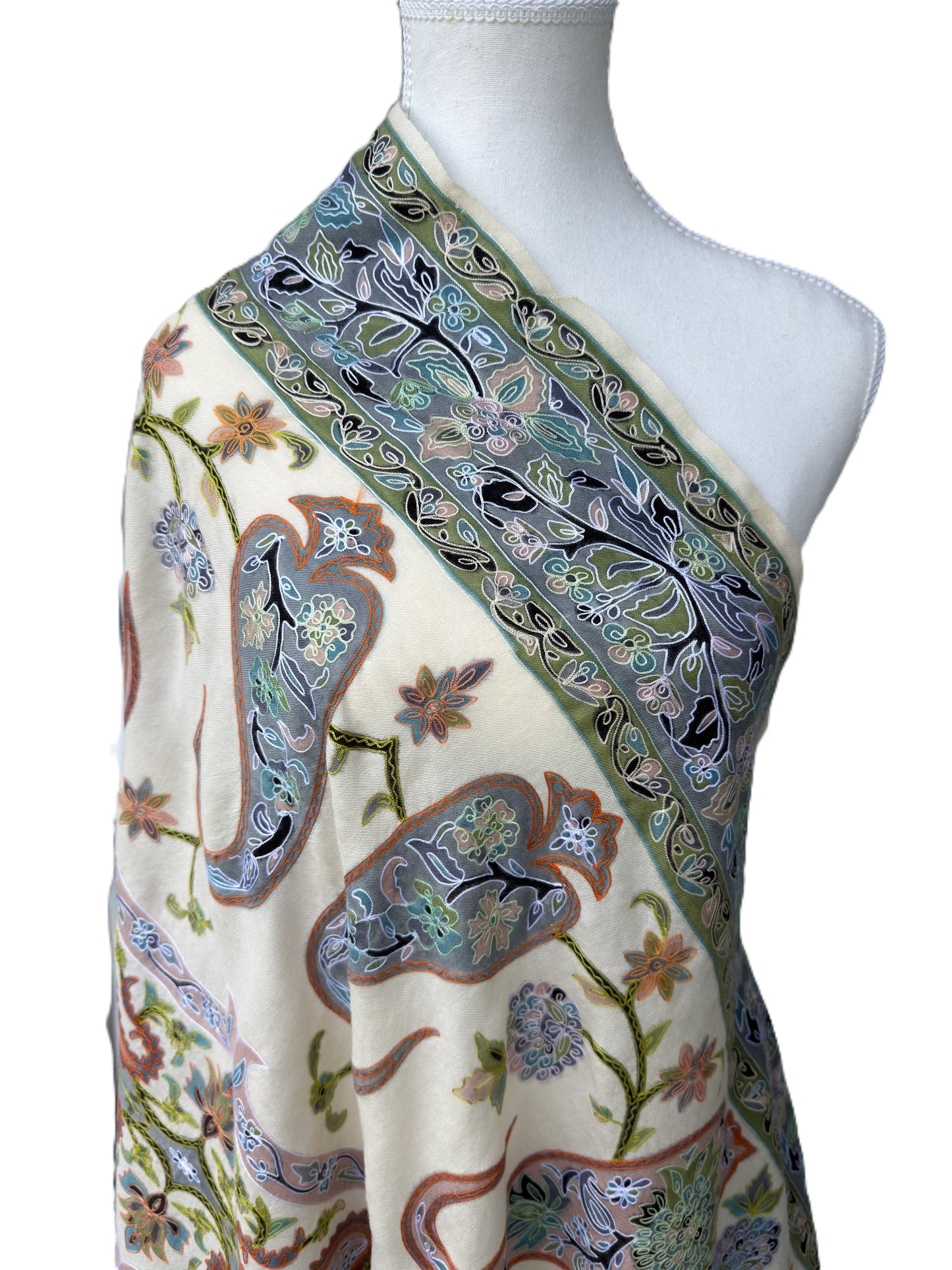 Premium Kashmir shawl ivory base with intricate multicolor paisley motifs