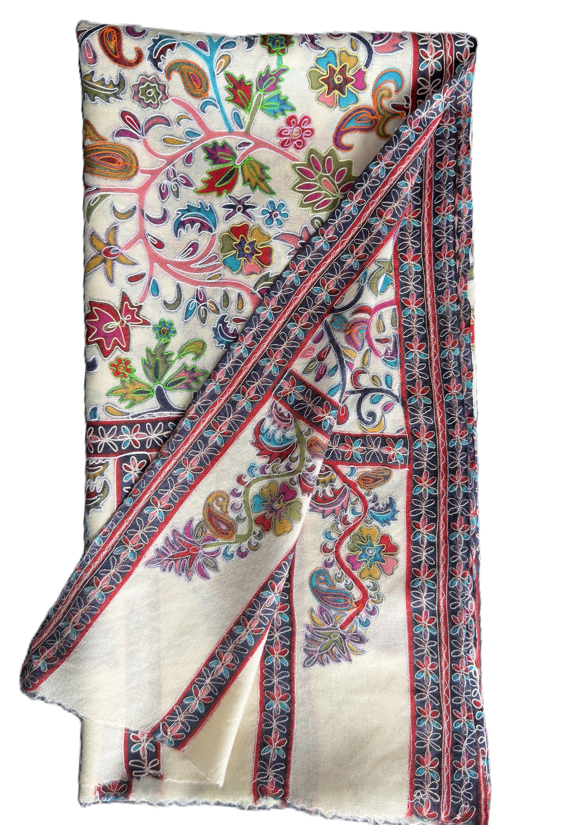 Ivory Kalamkari Pashmina shawl with multicolor floral and paisley Kashmiri design