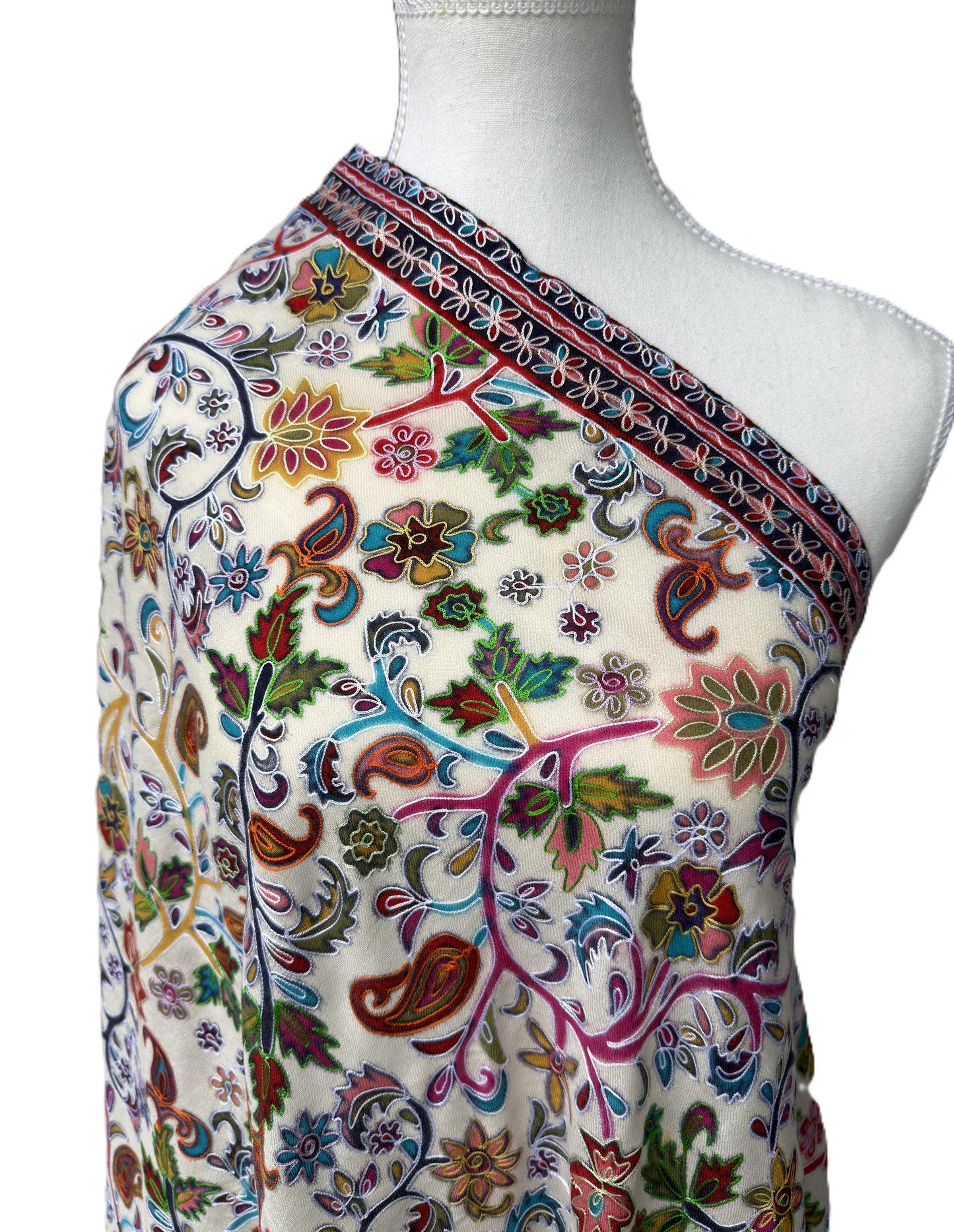Ivory Kalamkari Pashmina shawl with multicolor floral and paisley Kashmiri design