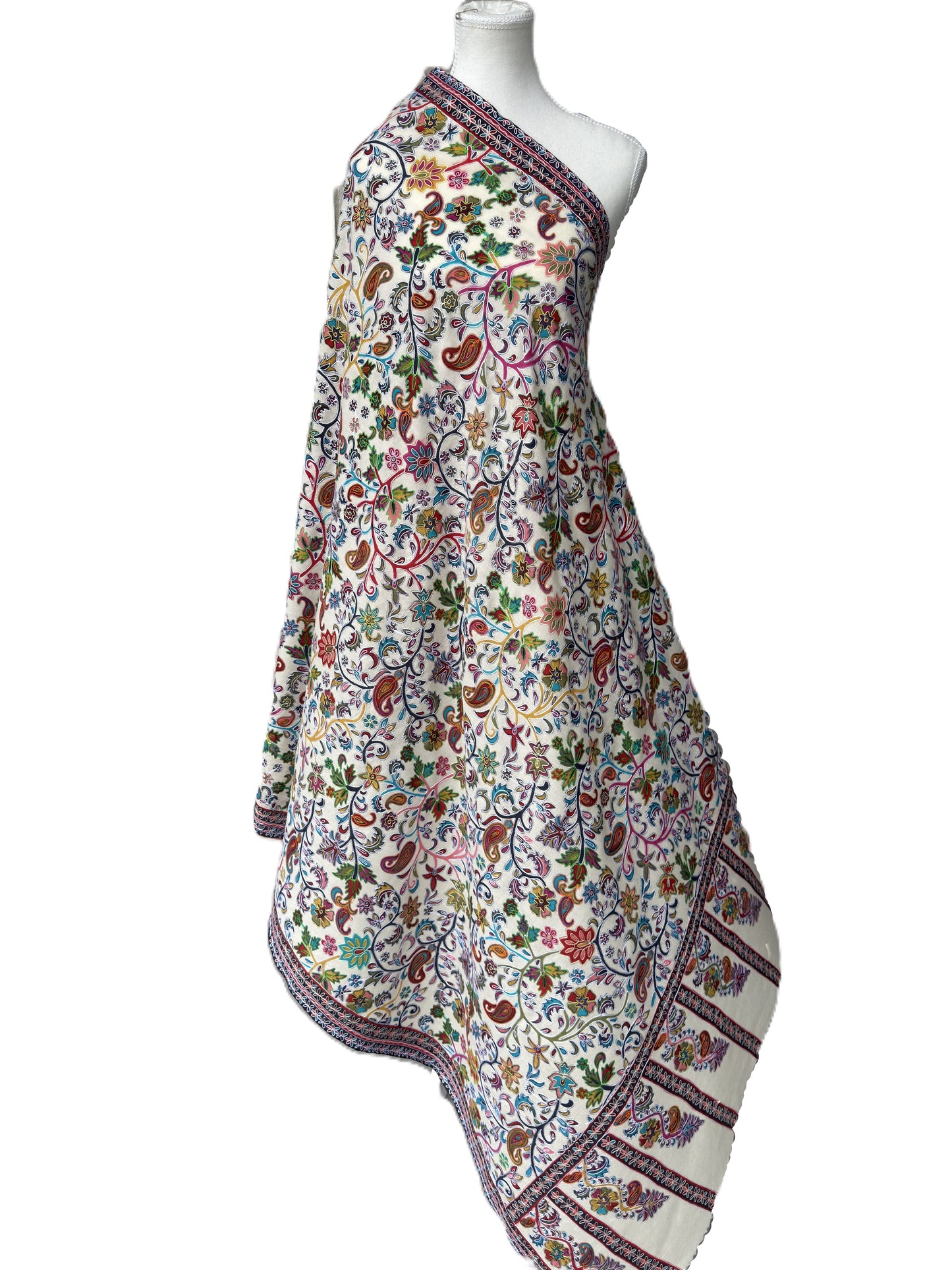 Ivory Kalamkari Pashmina shawl with multicolor floral and paisley Kashmiri design