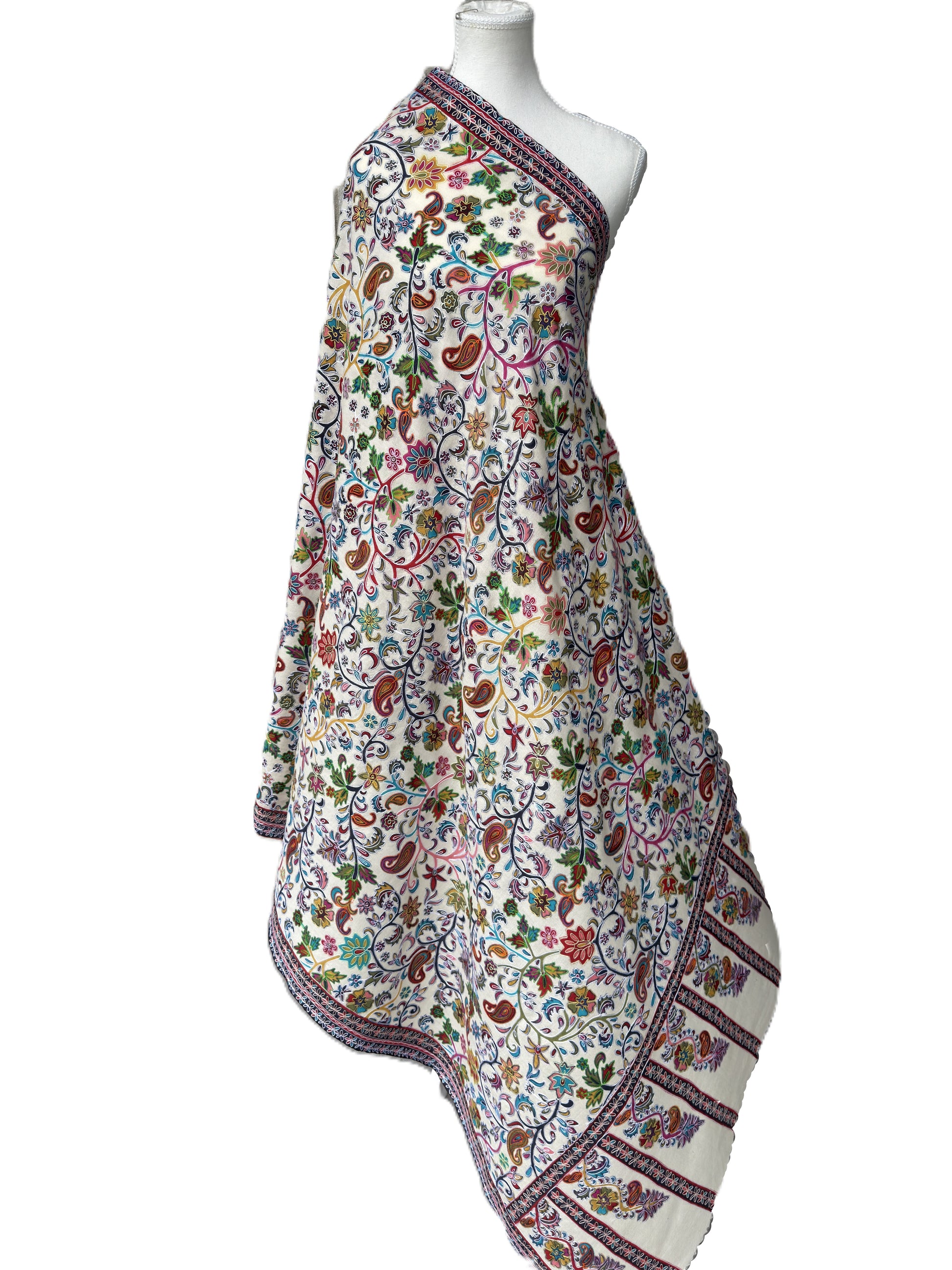 Ivory Kalamkari Pashmina shawl with multicolor floral and paisley Kashmiri design