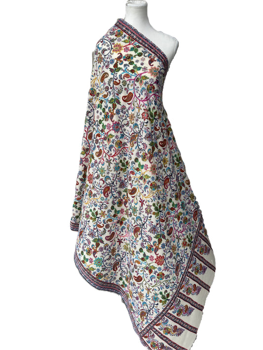Ivory Kalamkari Pashmina shawl with multicolor floral and paisley Kashmiri design