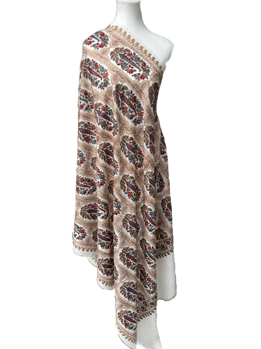 Ivory pashmina shawl with Kashmiri paisley embroidery multicolor heritage luxury wrap NZ