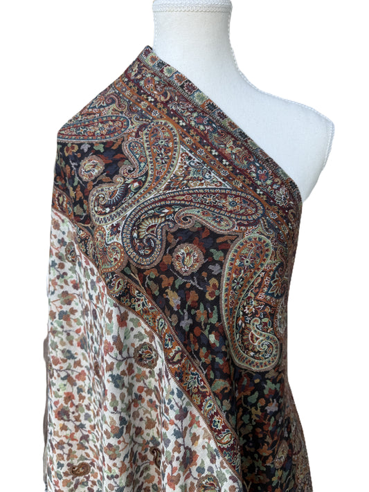 Kani Pashmina Shawl – Ivory and Black Dual Tone, Elegant Handwoven Pashmina Shawl – Kashmir Kani Weave in Ivory & Black, Pure Pashmina Shawl for Women – Dual Color with Traditional Kashmiri Motifs, Luxury Kani Shawl – Floral Ivory Base with Black Paisley Panel Design, Authentic Kashmiri Pashmina 