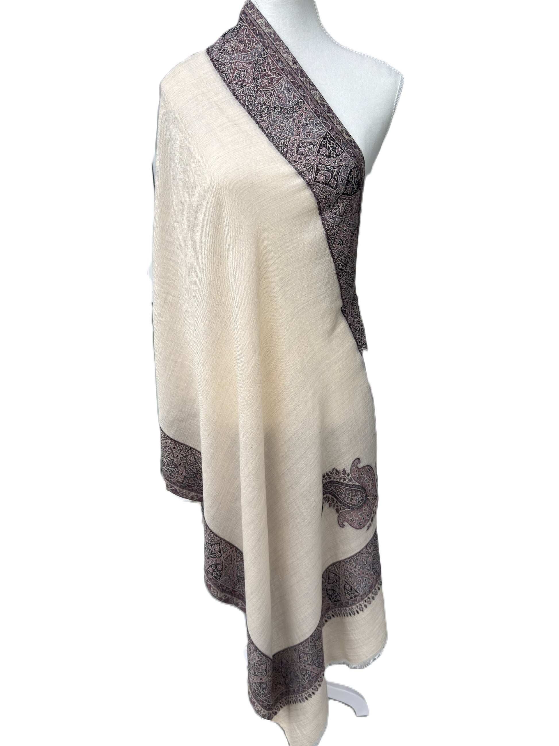 Ivory pashmina stole with brown paisley border draped