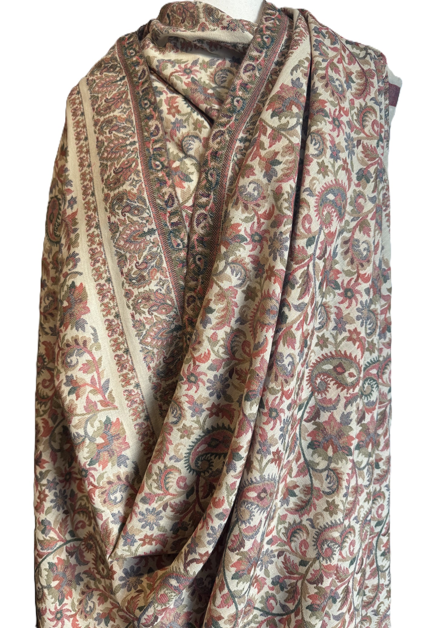 Men’s Kani Pashmina Shawl – Cream Base with Multicolour Floral Design, Traditional Kashmiri Pashmina Shawl for Men, Kani Shawl for Men,Cream Pashmina with Multicolour Weave from Kashmir, Handwoven Kani Shawl for Men,Pure Pashmina Men’s Shawl, Luxury Pashmina Shawl for Men,