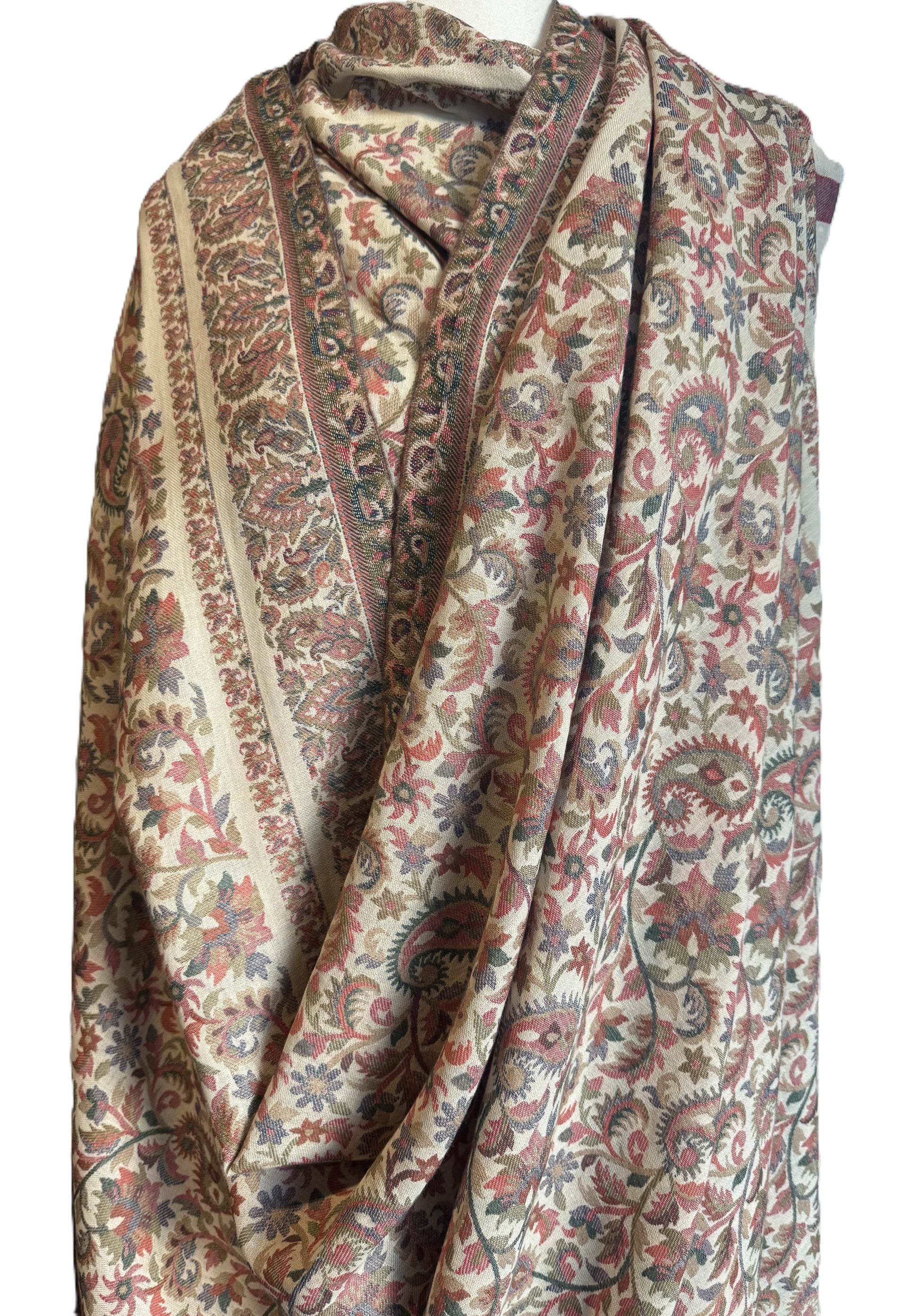 Men’s Kani Pashmina Shawl – Cream Base with Multicolour Floral Design, Traditional Kashmiri Pashmina Shawl for Men, Kani Shawl for Men,Cream Pashmina with Multicolour Weave from Kashmir, Handwoven Kani Shawl for Men,Pure Pashmina Men’s Shawl, Luxury Pashmina Shawl for Men,