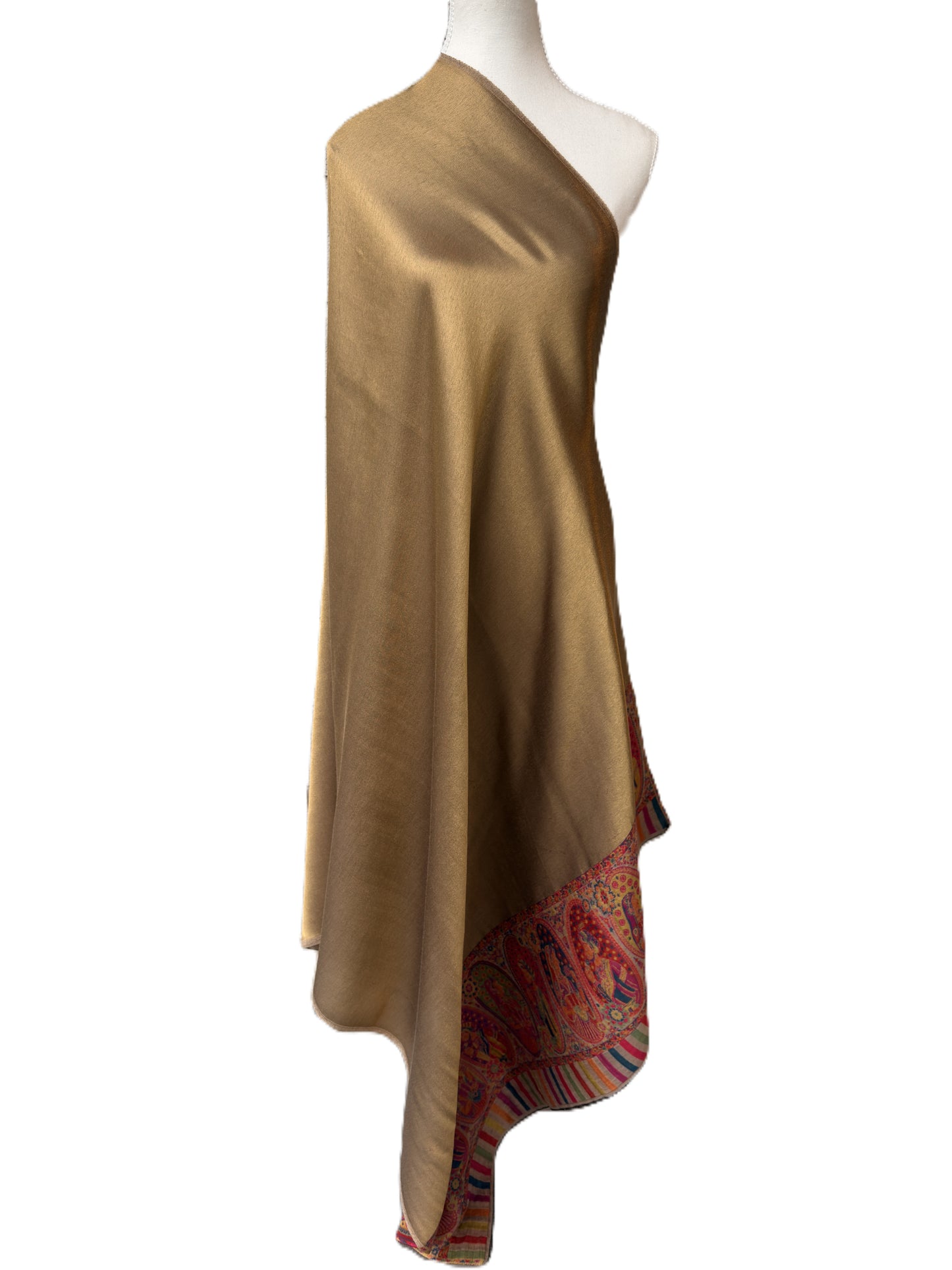 Handcrafted Kashmir pashmina shawl gold with detailed border pattern