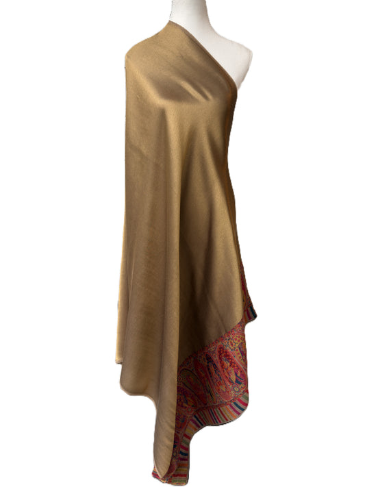 Handcrafted Kashmir pashmina shawl gold with detailed border pattern