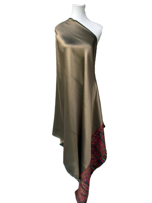 Luxury Moonlight Pashmina shawl gold front green back Kashmiri heritage border