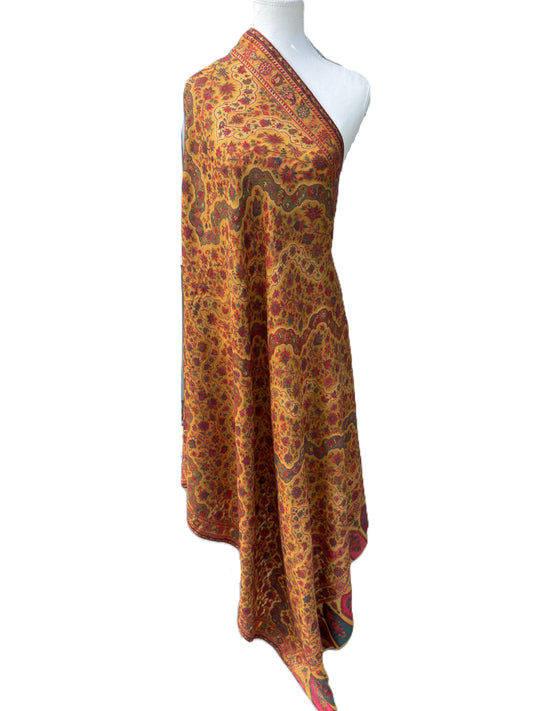 Mustard Kashmiri pashmina shawl with floral paisley design elegant heritage wrap NZ