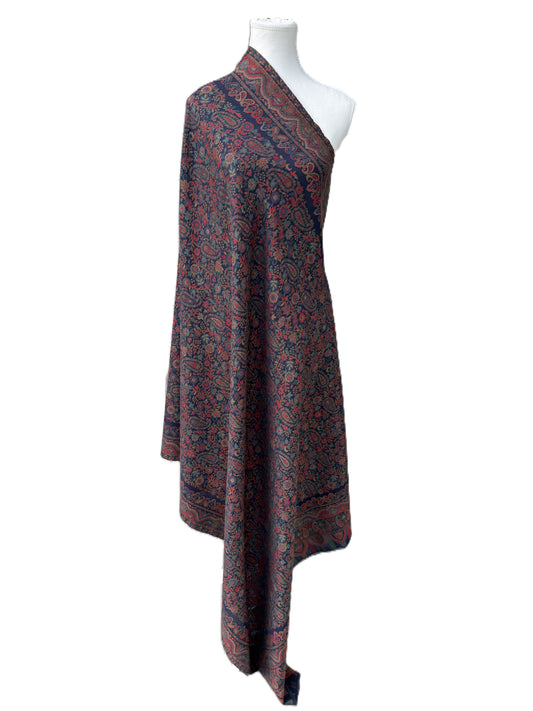 Navy blue Kashmiri pashmina shawl with floral paisley design elegant luxury wrap NZ