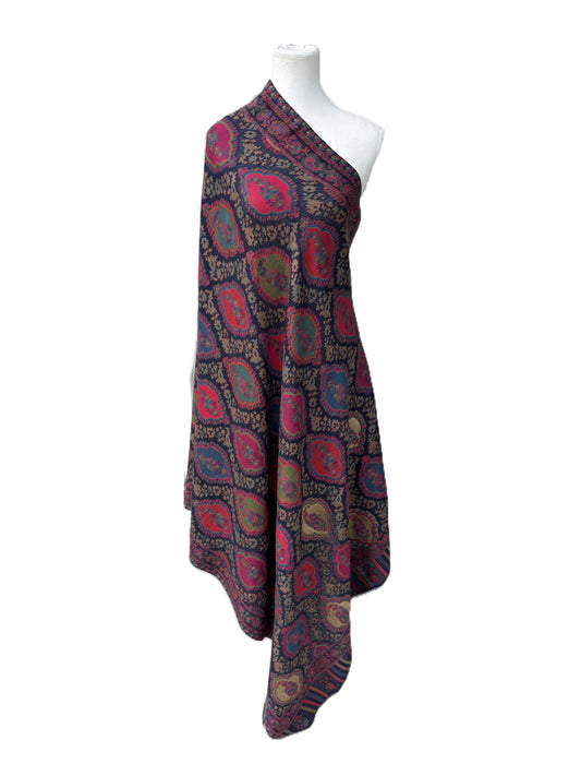 Navy blue Kashmiri pashmina shawl with bold paisley motifs luxury statement wrap NZ