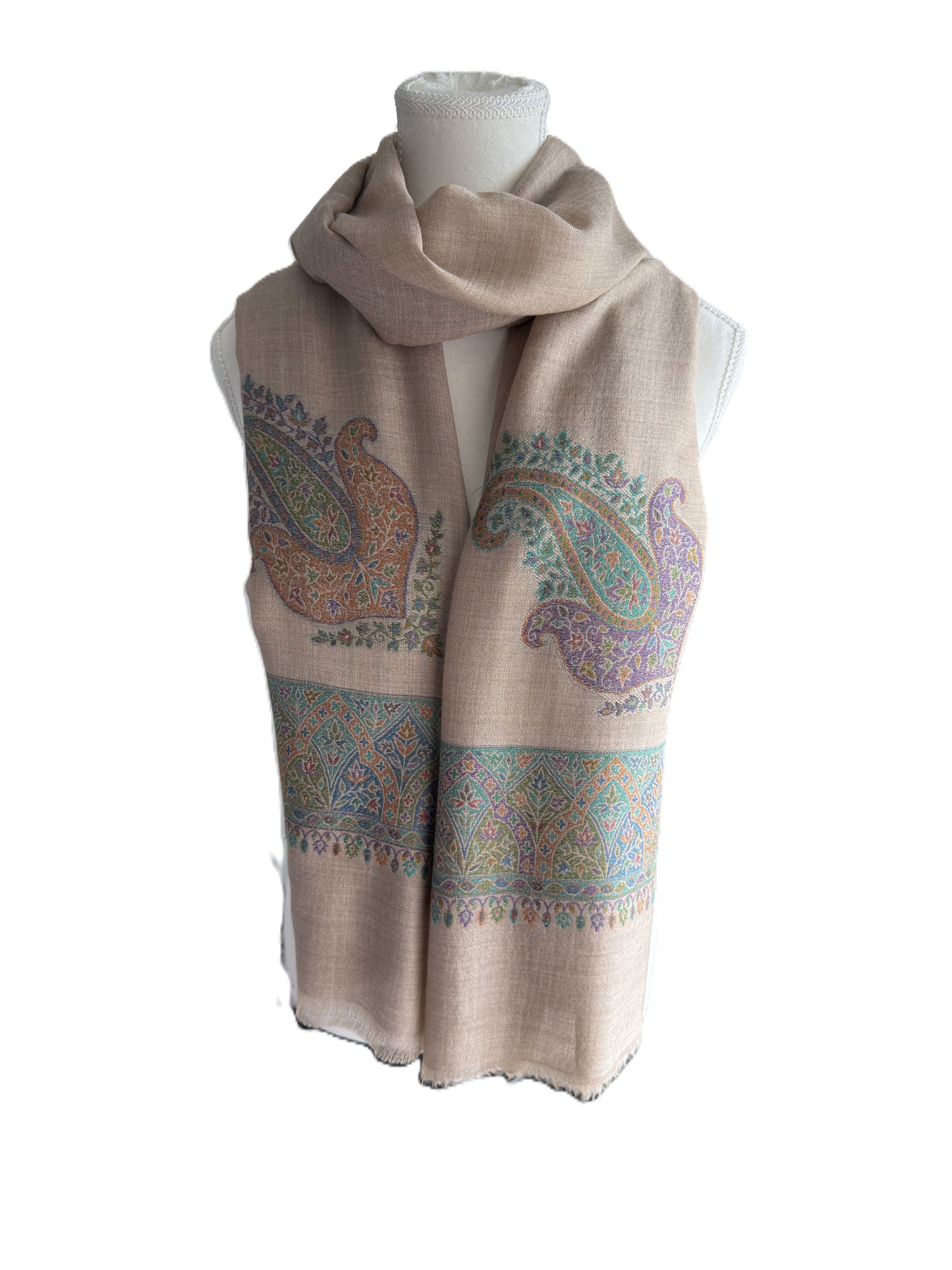 Beige pashmina stole with intricate teal paisley border