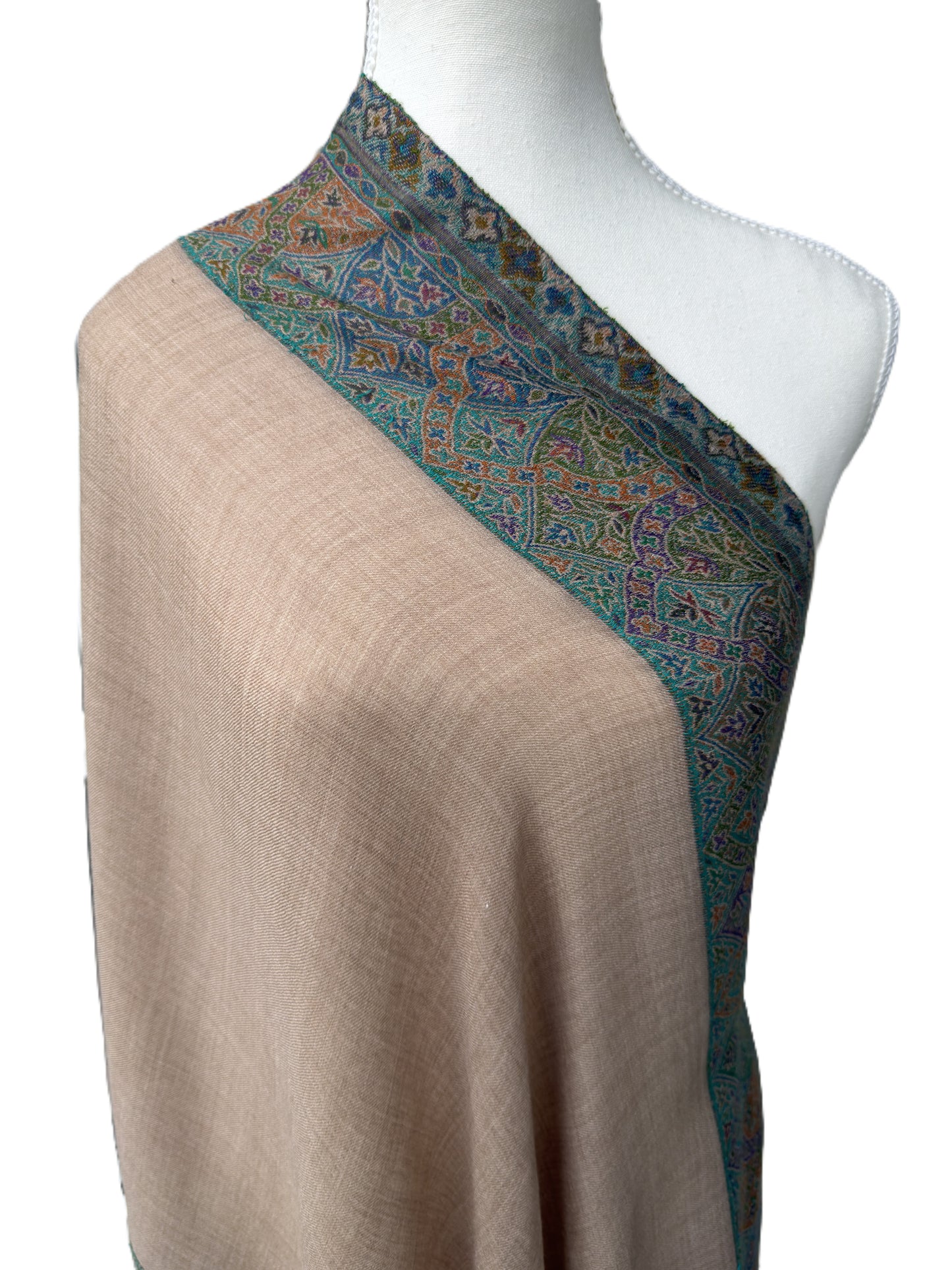 Luxury pashmina wrap with detailed border and smooth drape