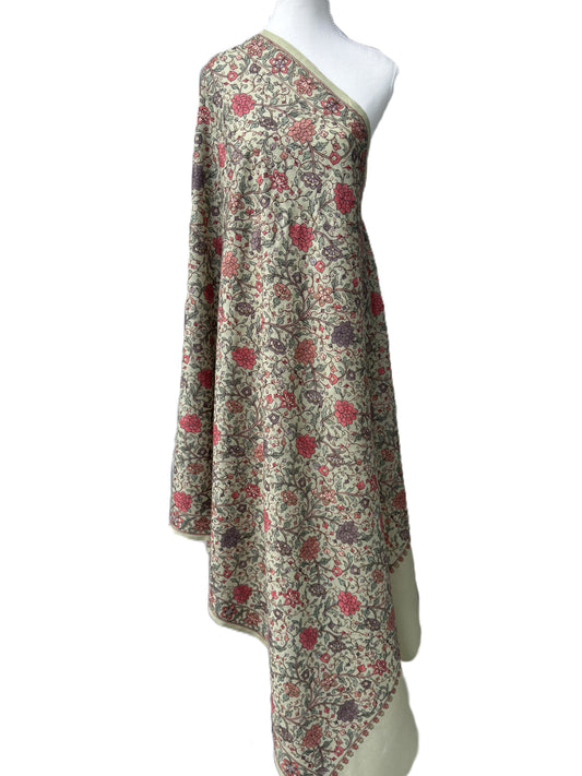 Sage green pashmina shawl with Kashmiri floral embroidery soft elegant luxury wrap NZ