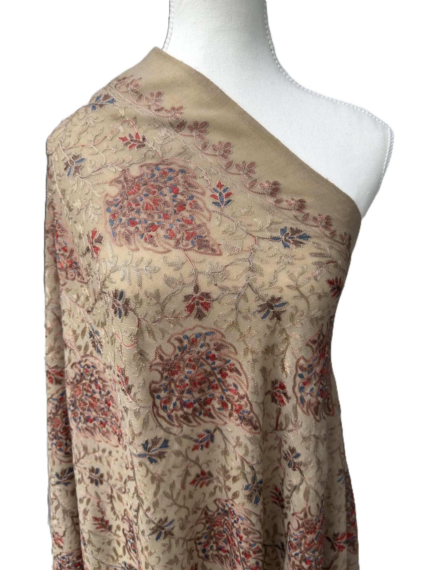 Soft beige embroidered pashmina shawl fine floral pattern