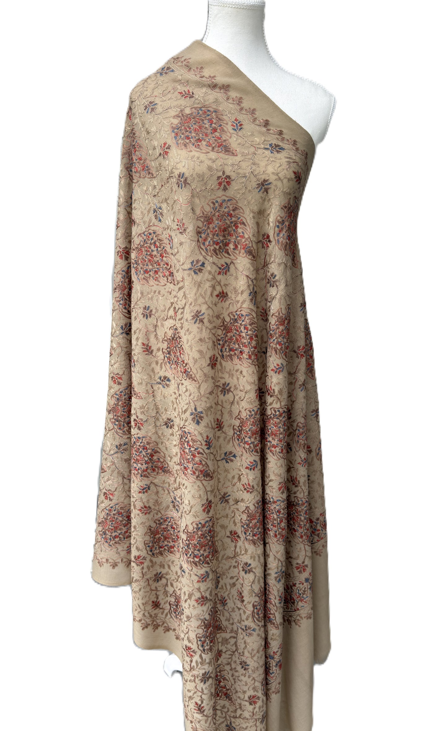 Warm beige pashmina shawl with subtle multicolor Kashmiri embroidery elegant luxury wrap NZ